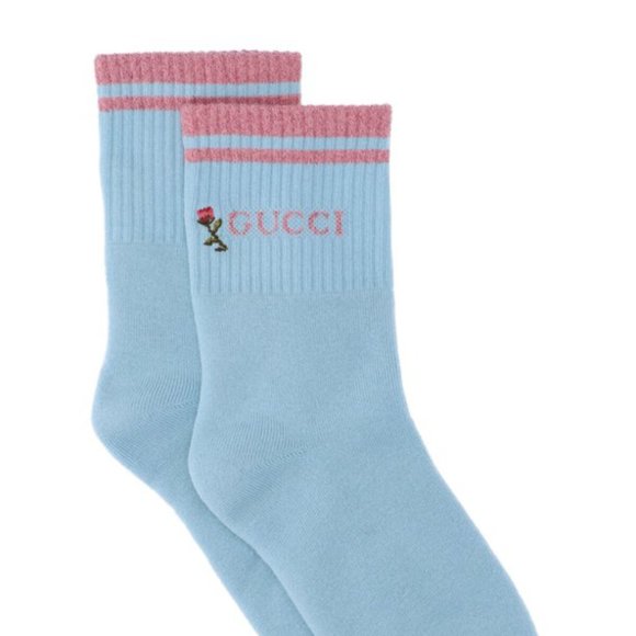 Gucci Rose-embroidered Cotton Ankle Socks in Blue NEW WITH TAGS - Picture 1 of 5